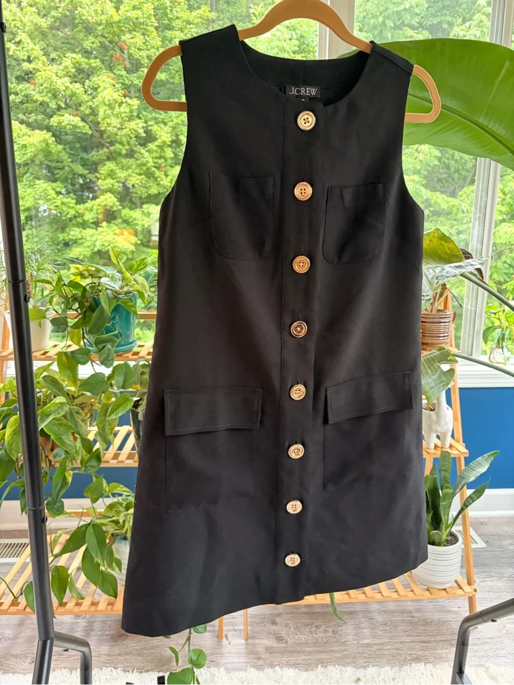 J. Crew Black Button-Front Sleeveless Shift Dress with Wooden Buttons